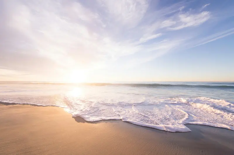 Soft morning light over a calm ocean shoreline